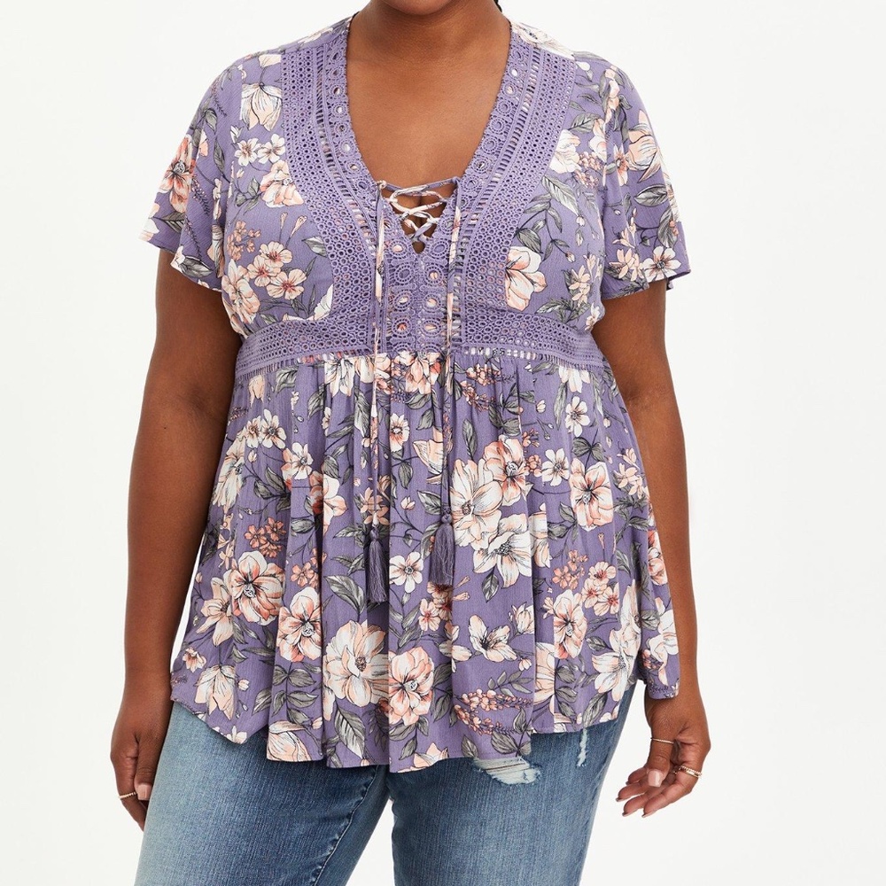 Torrid Babydoll Crinkle Gauze Lace Up Top